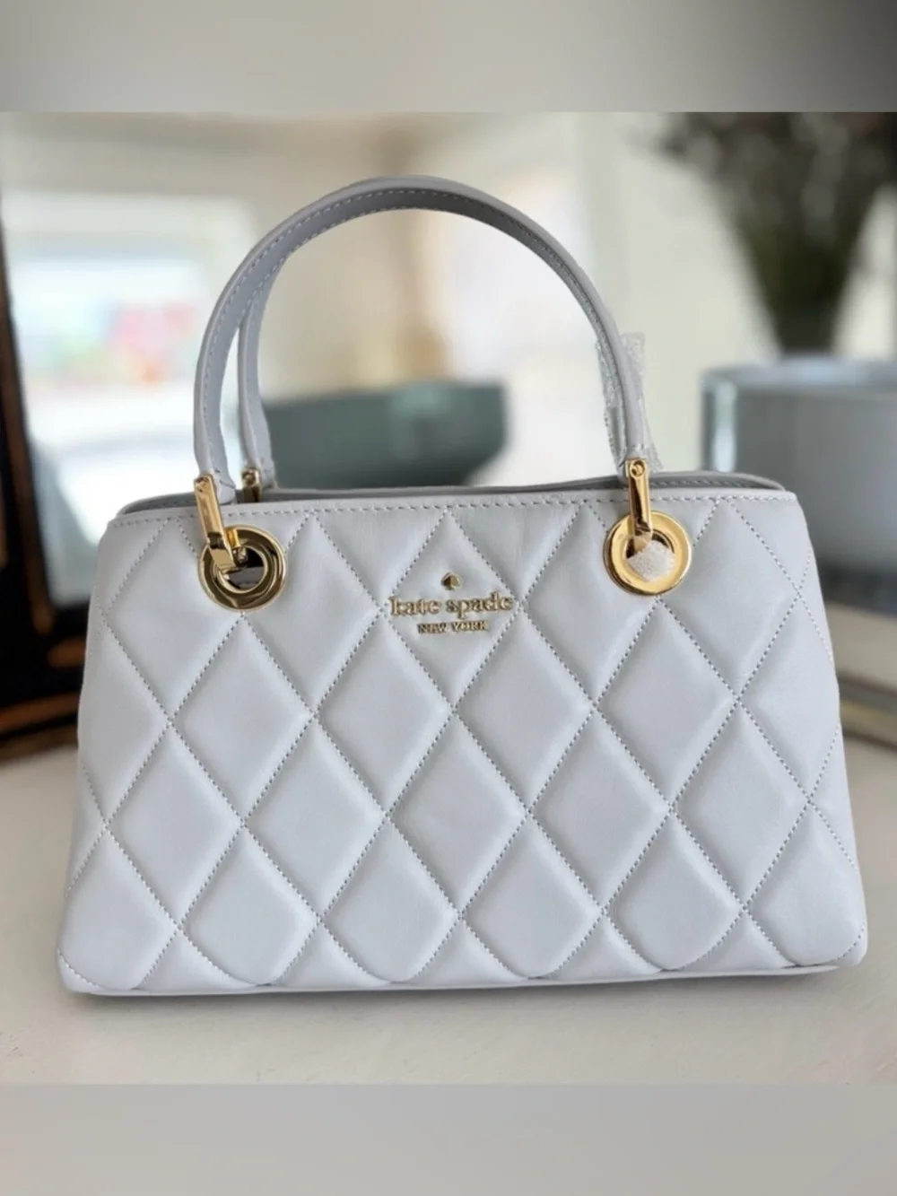 KATE SPADE Satchel Leather Quilted Handbag White Stone Path Light Grey Purse - Picture 1 of 15